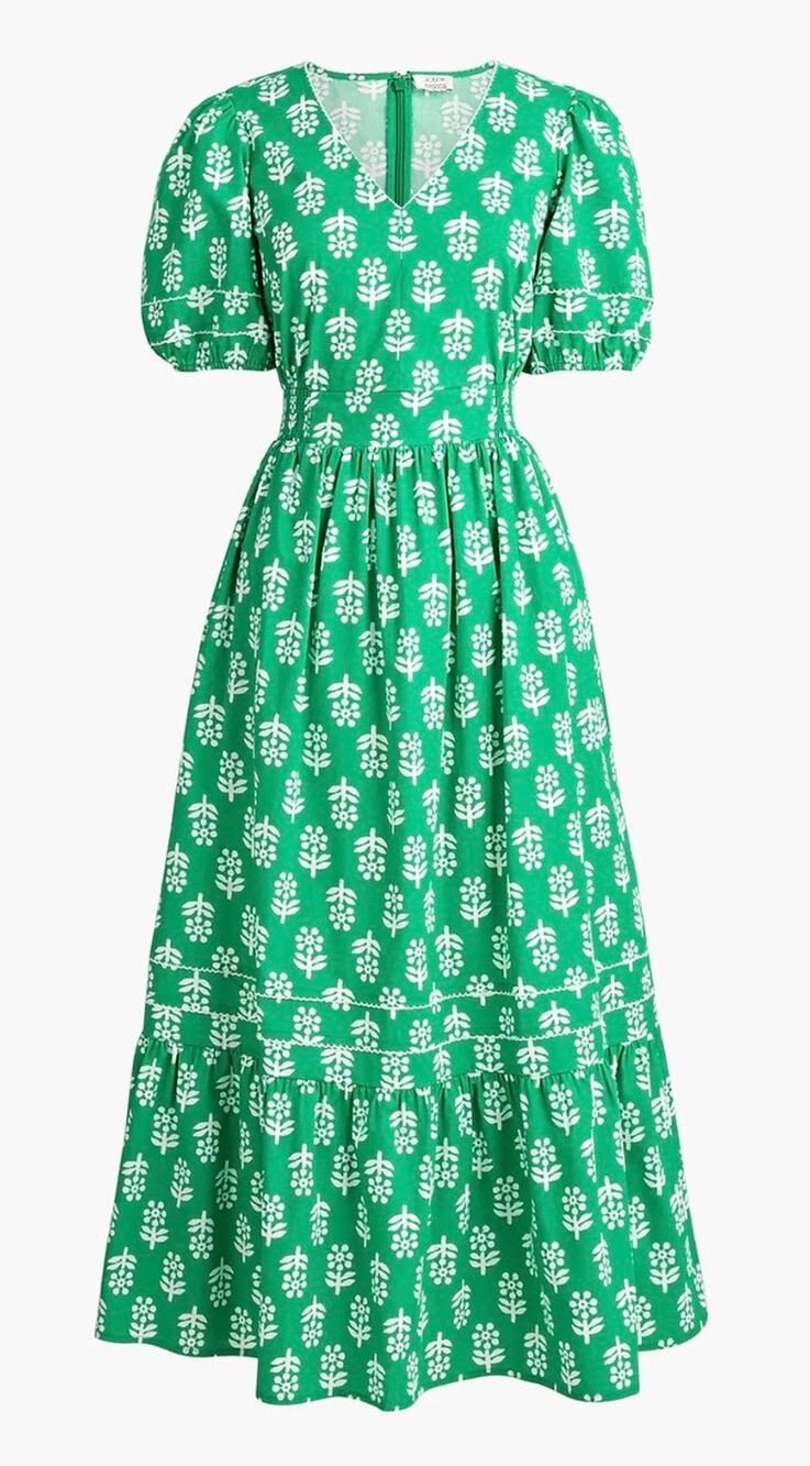 New! J. Crew Factory Block-Print Puff-Sleeve Midi Dress Sz Emerald Sz 00 #61